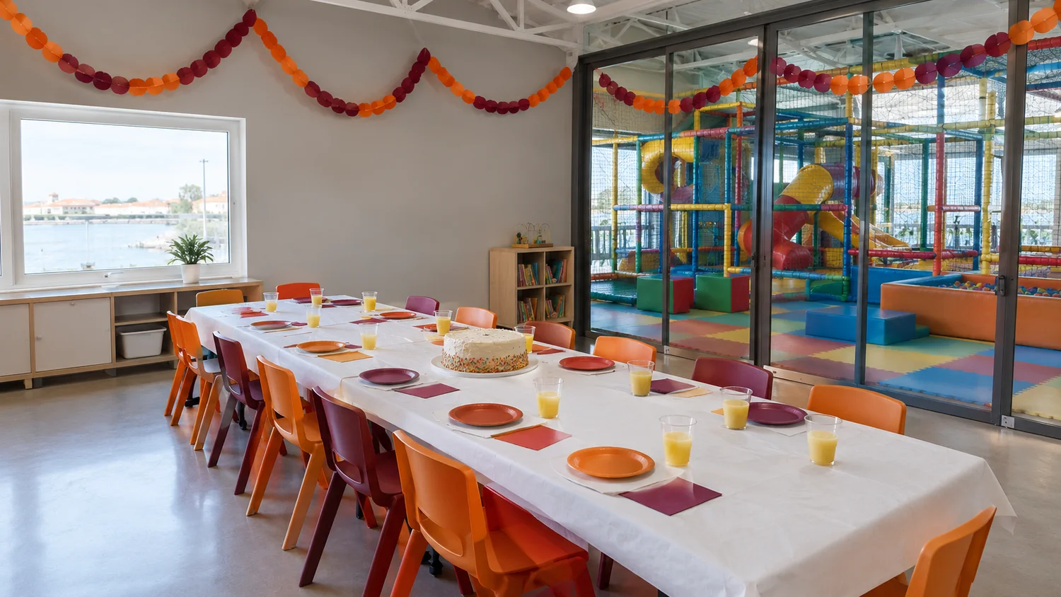 Sala de festas com mesa comprida posta, cadeiras laranja e cor de vinho e grinaldas de papel